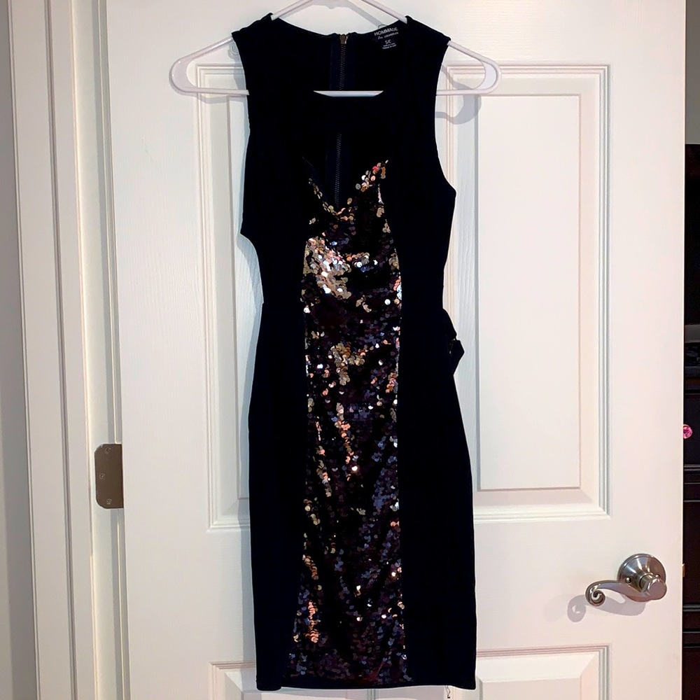 Black with sequin mini dress with opening in mid back.